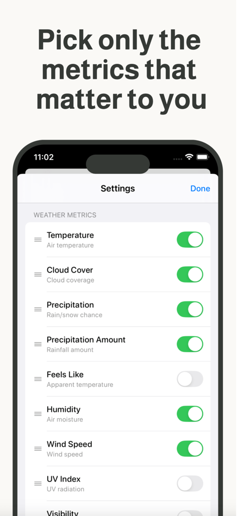 Weather Dialアプリの設定画面。気温や雲量などの様々な気象指標のトグルスイッチを表示。
