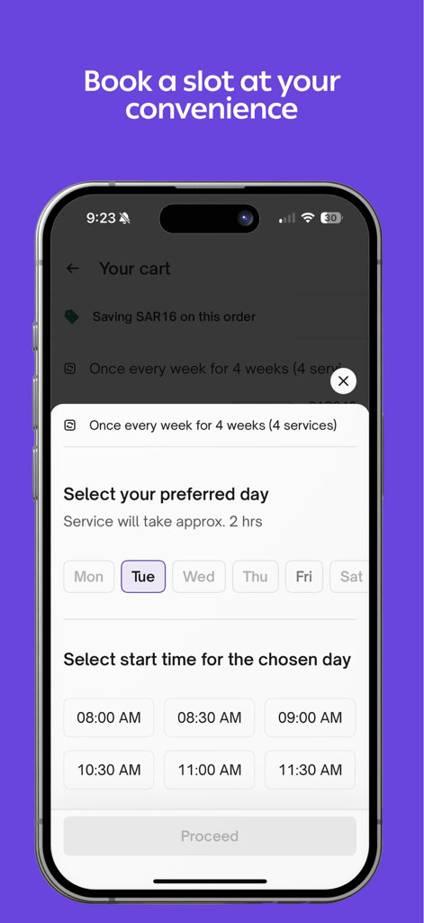Yammak - يمك (UrbanCo KSA) - Yammak app interface for scheduling home services with day and time selection options