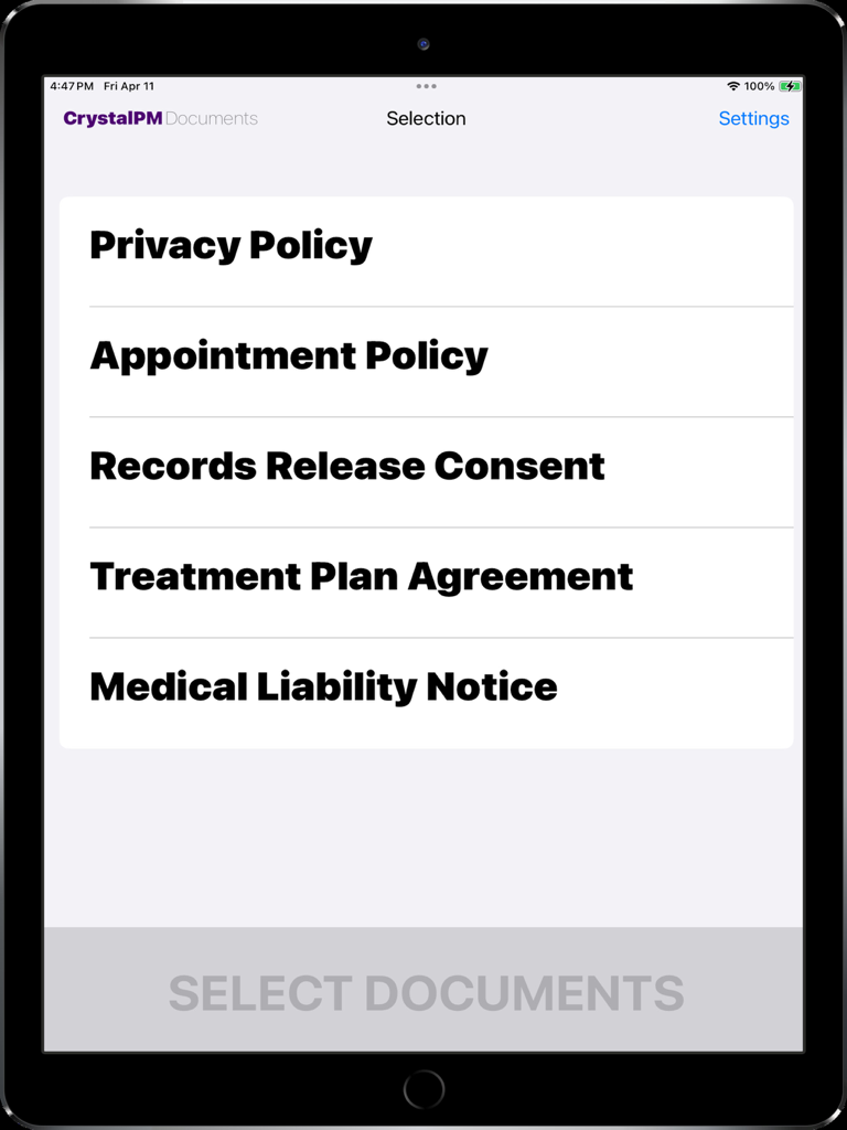 CrystalPM Signature Capture - CrystalPM iPad app showing a list of medical documents including Privacy Policy and Treatment Plan Agreement for patient signature selection.
