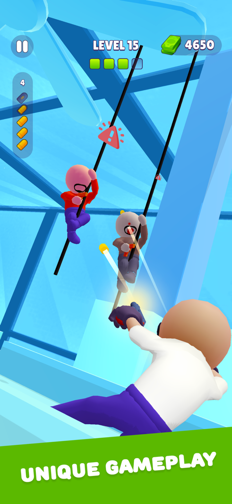 Run n Gun - AIM Shooting - A character shooting at enemies sliding down cables in a slow motion action sequence from Run n Gun