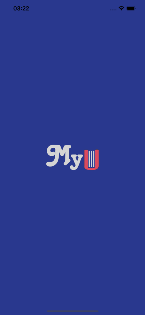 Pantalla de presentación de MyU Student Portal con el logo de la aplicación sobre un fondo azul.