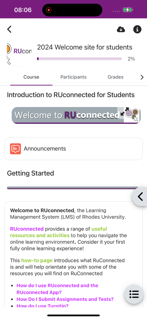 RUconnected - Welcome screen of the RUconnected app for students showing course navigation and announcements.