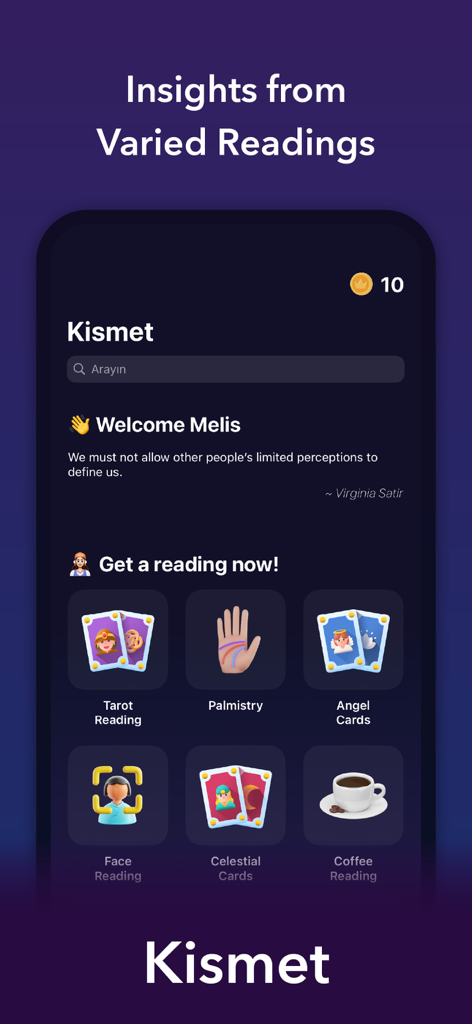 Kismet app home screen displaying options for tarot palmistry and angel card readings