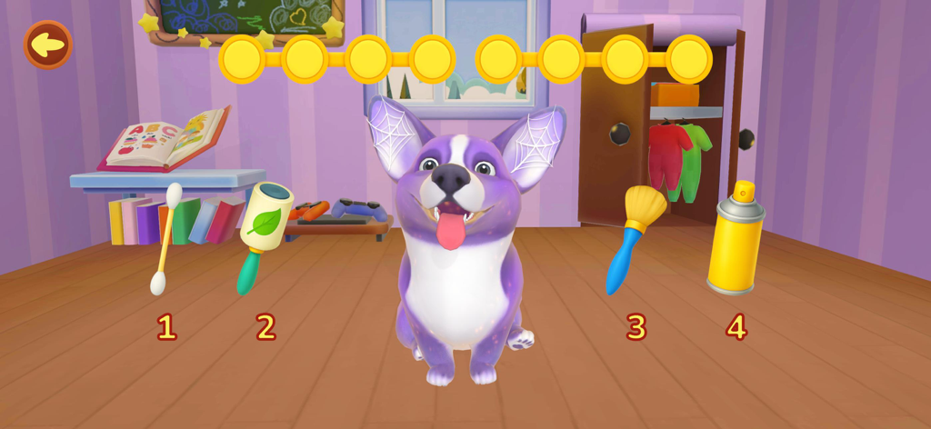 ZenCorgi: Puppy Pet Dog Games - Um filhote de corgi virtual roxo em uma sala com quatro ferramentas de higiene numeradas