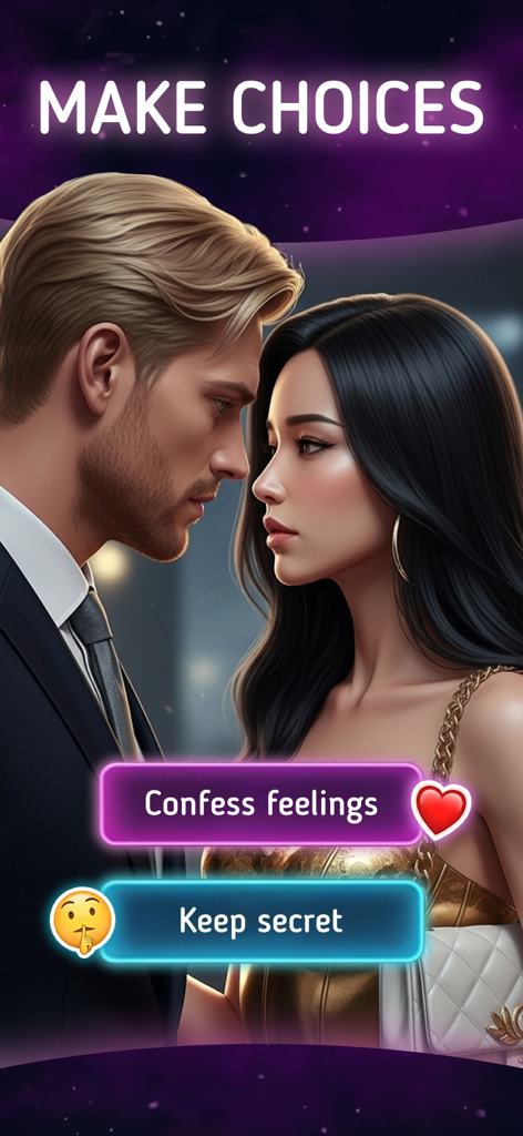 Midnight Stories: Choices Game - A romantic scene in a story game showing a choice between confessing feelings or keeping a secret