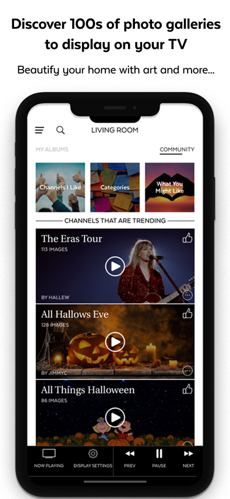 Pixo mobile app screen showing a variety of curated photo galleries and trending channels like The Eras Tour and Halloween themes to display on a TV