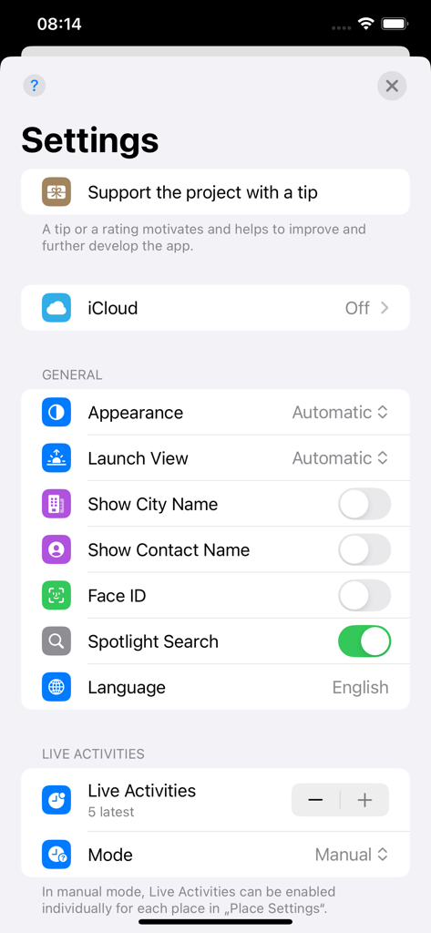 Geofency - Time Tracking - Geofency app settings menu with general and live activities options