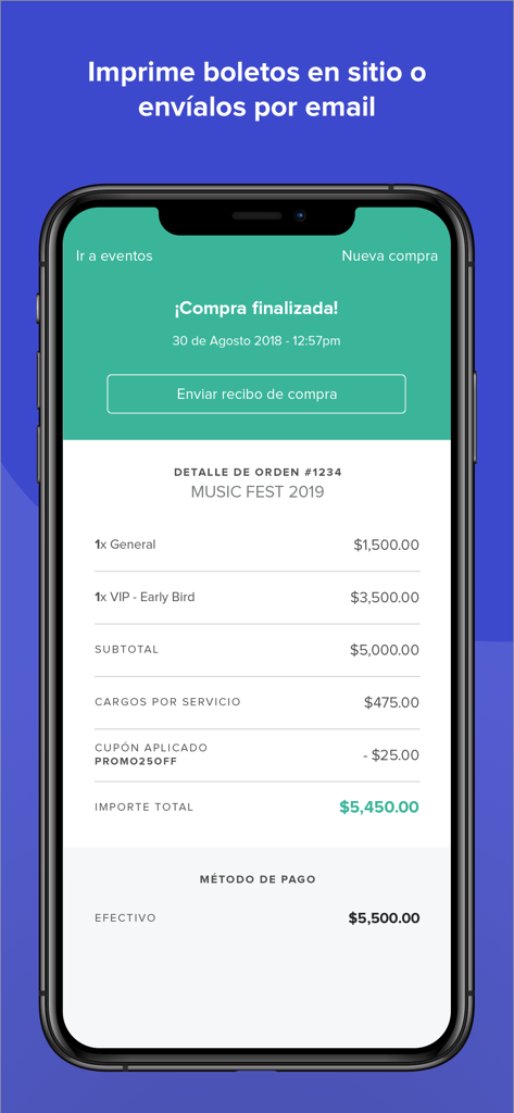 Insiders: Imprime boletos - Pantalla móvil que muestra un resumen de compra de boletos completada con detalles del pedido y monto total