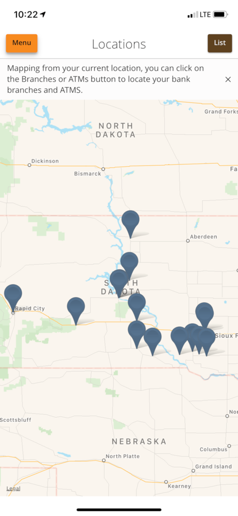BankWest SD Mobile Banking - Map view within the BankWest SD app showing several branch and ATM locations across South Dakota