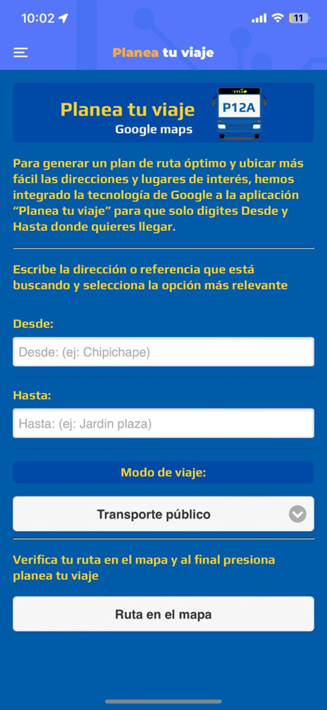 Écran de planification de trajet de l'application Mio pour les transports en commun à Cali, Colombie, montrant les champs de saisie d'origine et de destination.