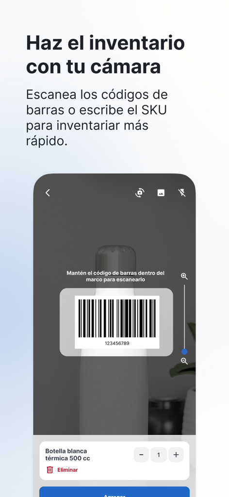 Pantalla de smartphone mostrando la función de escáner de códigos de barras de la app Bsale para la gestión de inventario