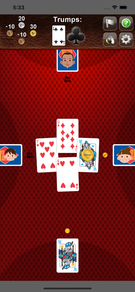 Uma partida no app do jogo de cartas Wizard mostrando cartas jogadas em uma mesa vermelha com avatares de jogadores.