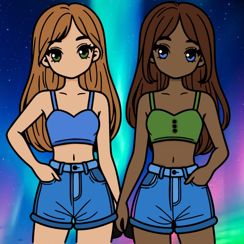 two sisters with crop tops and jean shorts and straight hair