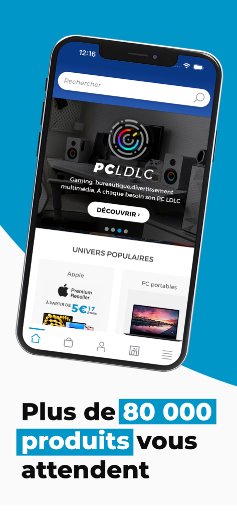 LDLC mobile app home screen showcasing various high-tech product categories and gaming PCs
