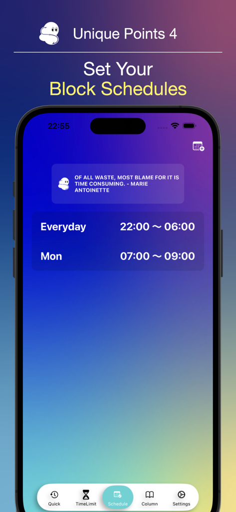 App interface for setting custom digital detox block schedules