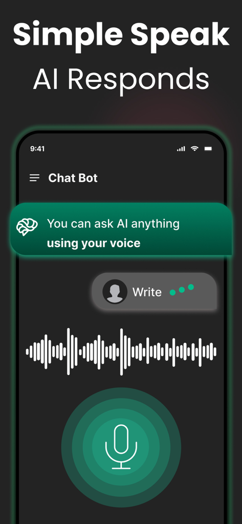 Mobile phone screen showing the voice command feature of an AI Chatbot app