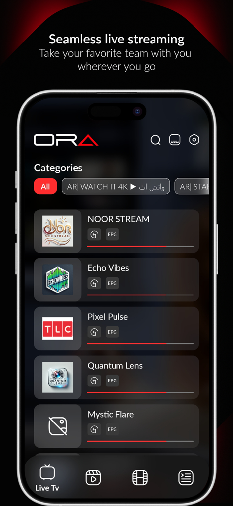ORA: IPTV Player - ORA IPTV Player app interface showing live TV channel lists and categories on a smartphone.