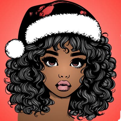 realistic girl with a santa hat curly hair and lips