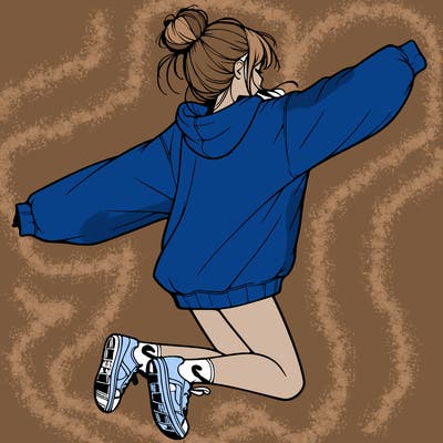 realistic girl jumping with a bun and oversized sweatshirt