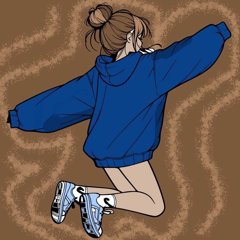 realistic girl jumping with a bun and oversized sweatshirt