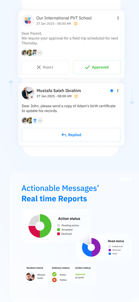 Schoolvoice - Your School App - Schoolvoice app interface showing actionable parent messages and real-time school communication reports
