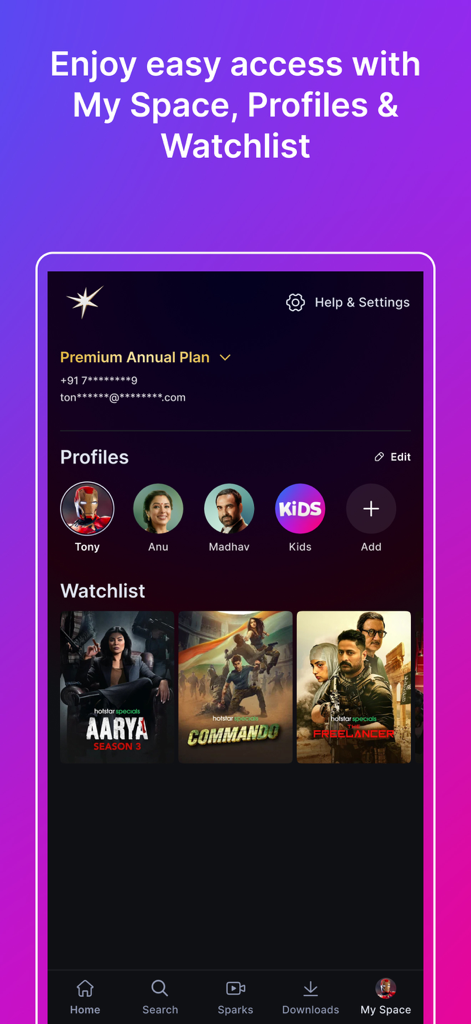 JioHotstar - JioHotstar app interface showing user profiles and a curated watchlist for multiple family members.