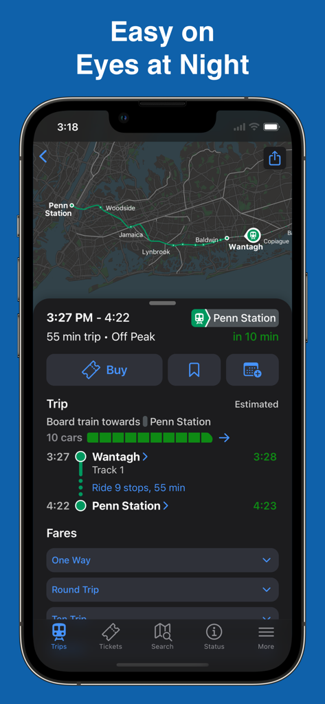 MTA TrainTime - MTA TrainTime app interface in dark mode showing trip details from Wantagh to Penn Station with a map and real time crowding data