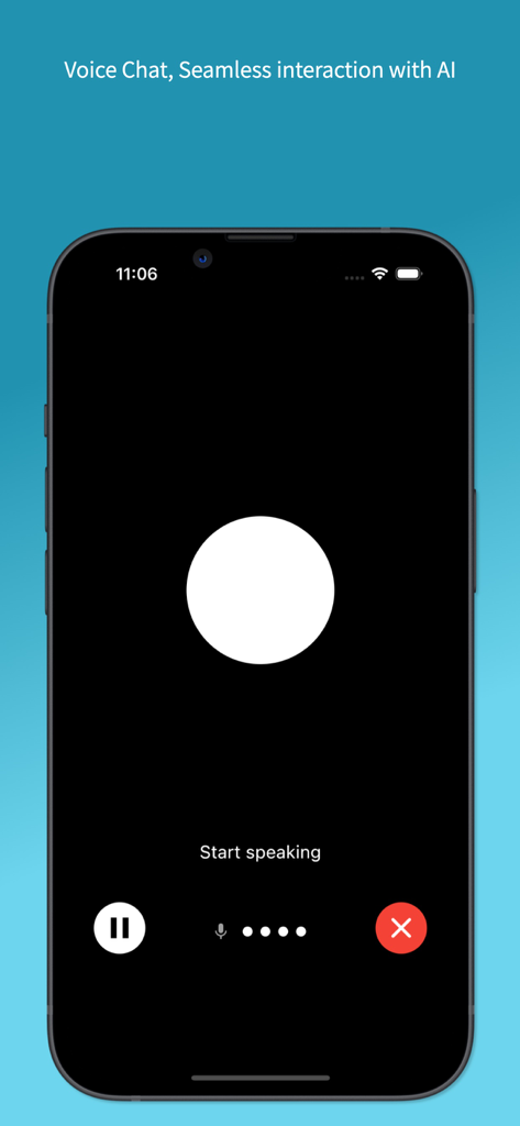 Chat Journey - Pocket AI Buddy - Pantalla de teléfono móvil que muestra la función de chat de voz de Chat Journey con una indicación para empezar a hablar y controles de interacción.