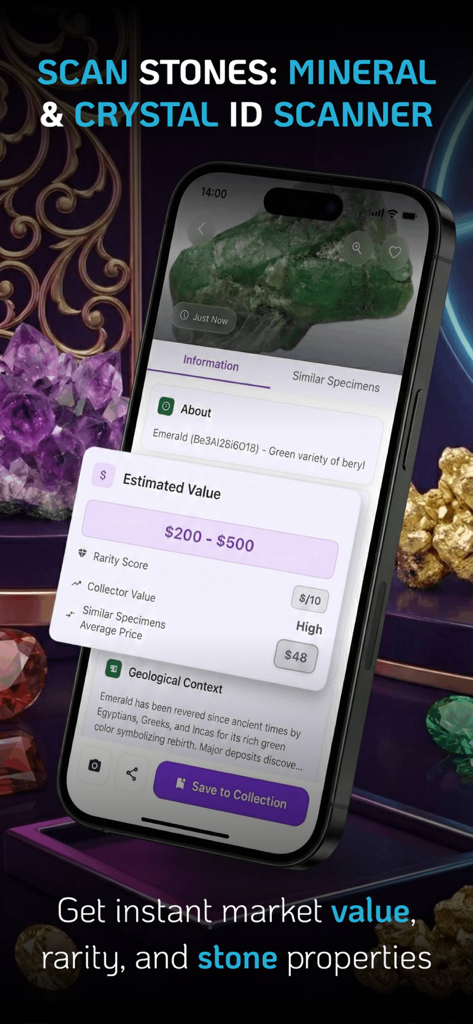 Pantalla de la aplicación Rockfy mostrando la identificación de una esmeralda y su valor de mercado estimado