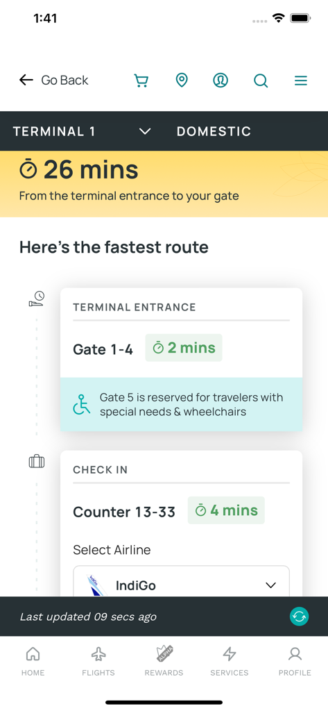 BLR Airport - BLR Airport app displaying the fastest route and estimated transit time from terminal entrance to gate
