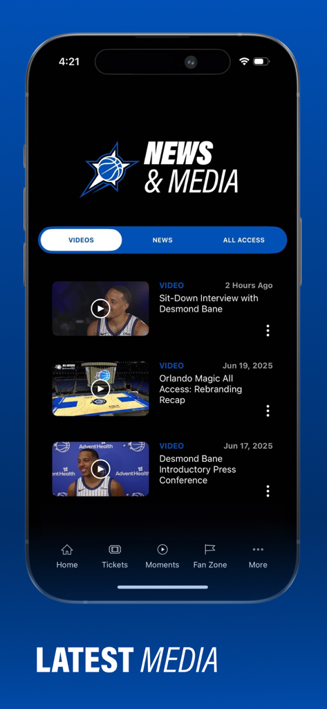 Orlando Magic Mobile - Orlando Magic Mobile app news and media screen displaying team videos and interviews