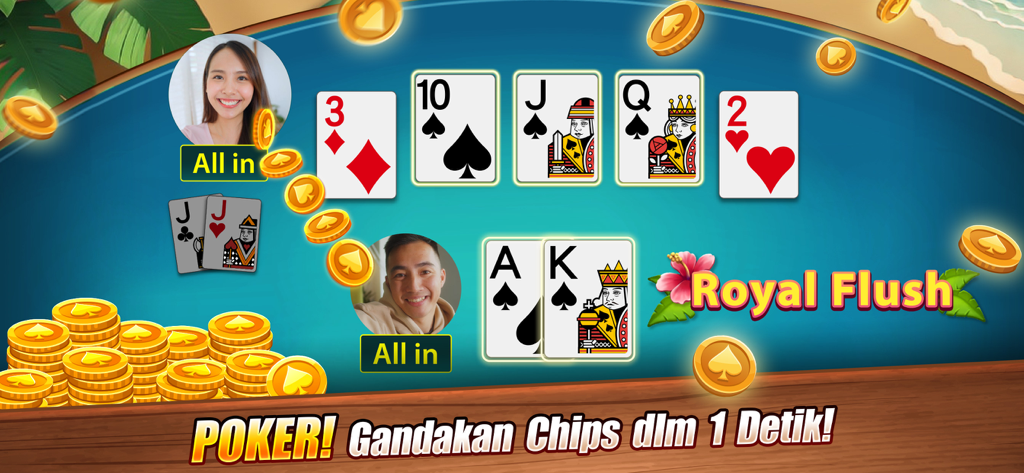 Luxy Domino Gaple QiuQiu Poker - Luxy Poker mobile game interface showing a winning Royal Flush hand and stacks of gold coins.