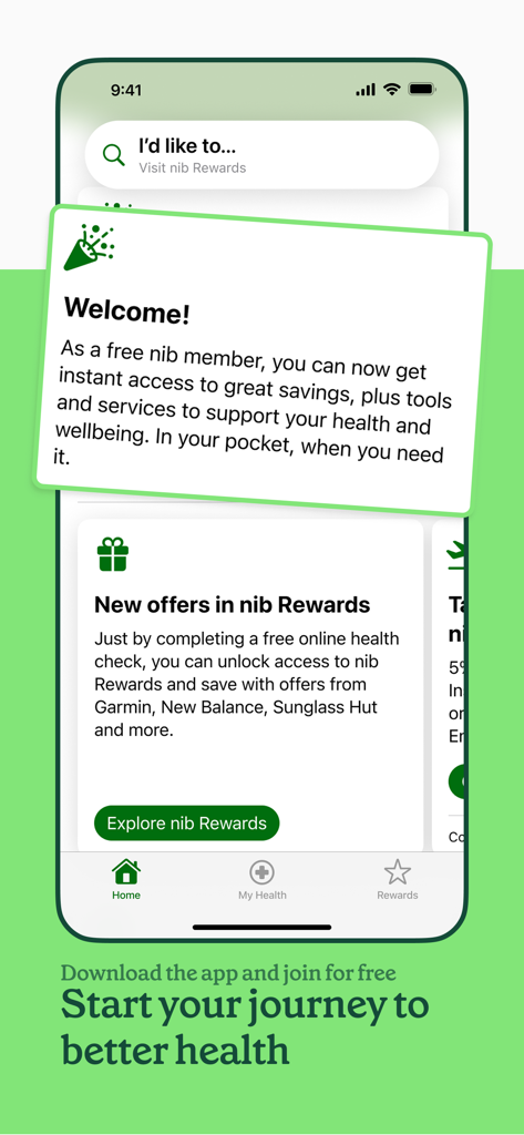 Nib mobile app interface showing a welcome message and new offers for the rewards program.