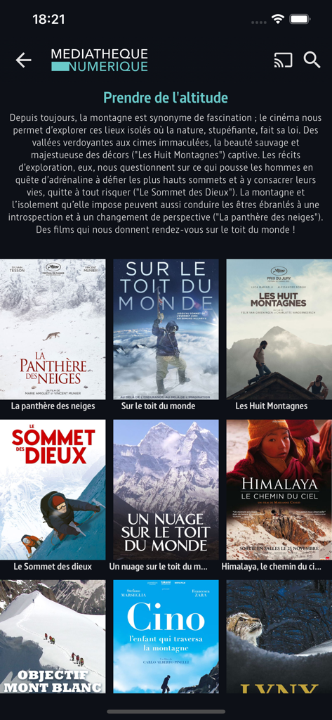 Médiathèque Numérique app displaying a curated list of mountain themed films and documentaries