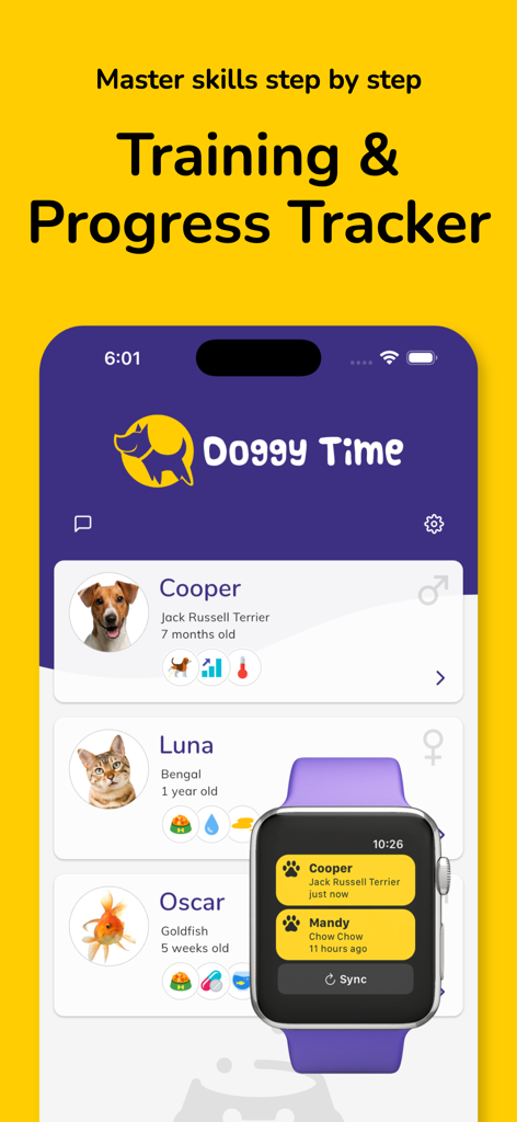 Doggy Time: Dog Training Log - Doggy Time App-Oberfläche mit Haustierprofilen und Trainingsfortschritt auf iPhone und Apple Watch