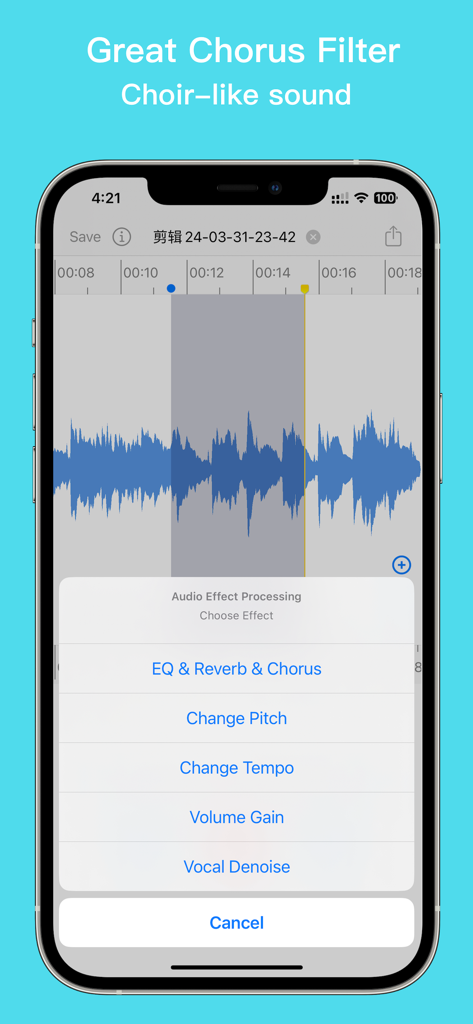 EZAudioCut - Audio Editor Lite - EZAudioCut app interface displaying the audio effect processing menu with chorus and reverb options