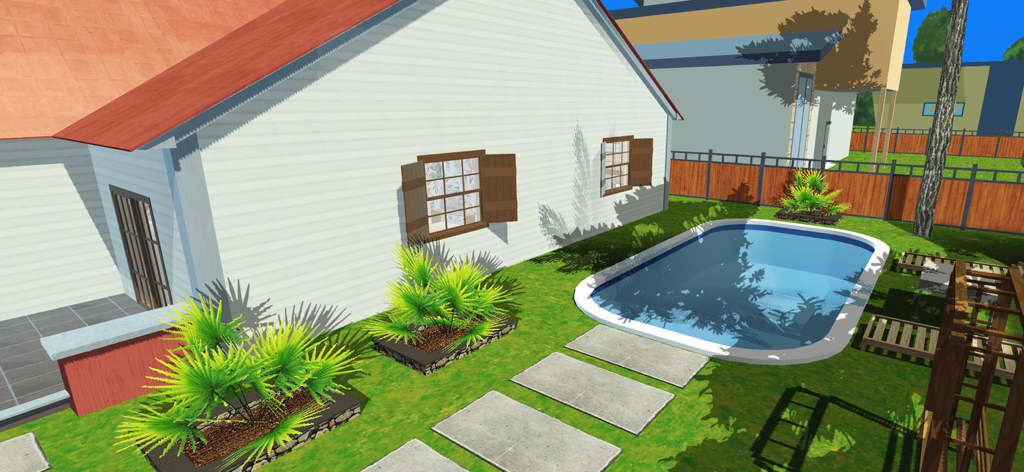 A 3D rendered backyard with a swimming pool and tropical plants in the House Craft game