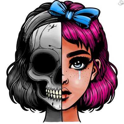 realistic girl with half skull mask