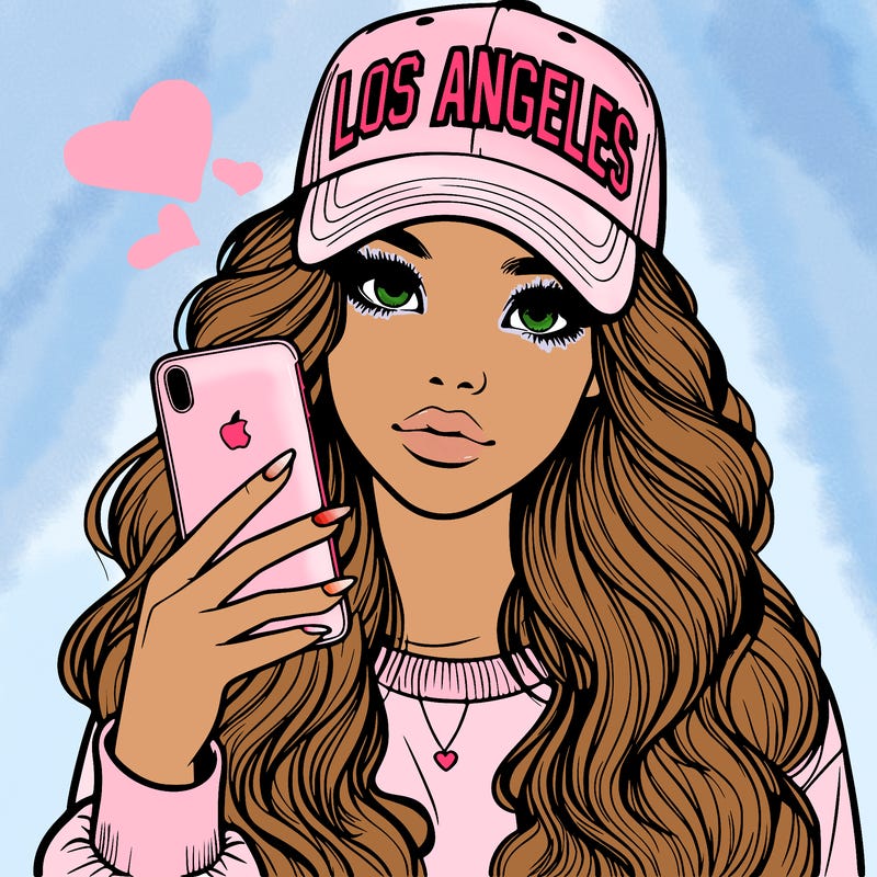 realistic beautiful girl wearing los ángeles cap holding an iphone