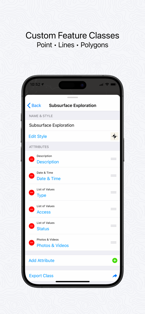 Touch GIS mobile app interface for customizing professional data collection attributes