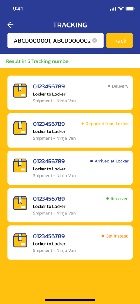 도착 및 보관소 출발과 같은 상태가 표시된 여러 짐 및 소포 배송의 실시간 추적 상태를 보여주는 모바일 앱 화면.