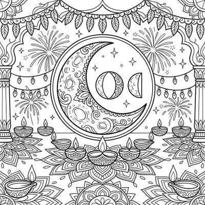 Dive into a mesmerizing blend of celestial beauty and festive traditions with this unique Moon and Diwali coloring page. Adorned with intricate patterns, sparkling fireworks, and glowing diyas, it offers a rich and engaging artistic experience.