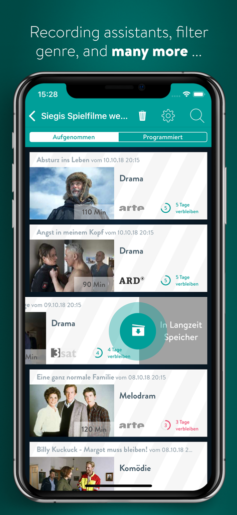 YouTV german TV, online video - Aplicativo móvel YouTV mostrando uma lista de programas de TV e filmes alemães gravados