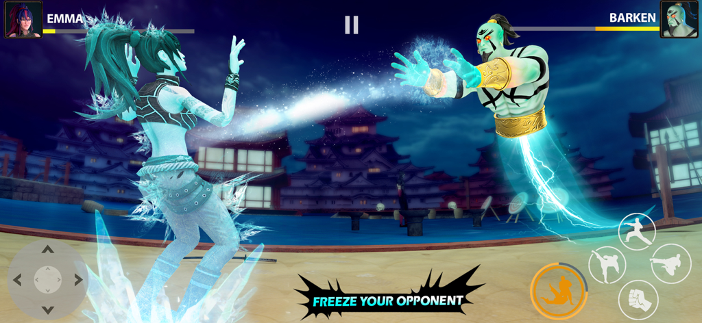 Ninja Games : Shadow Legends - Emma usa poderes de hielo para congelar a su oponente Barken en una batalla de juegos de lucha ninja