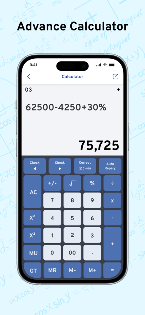 AI Math Scanner: Maths Solver - Advanced calculator interface in the AI Math Scanner app showing a solved equation