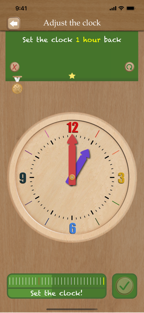 Interactive wooden clock interface for teaching children how to adjust time back by one hour.