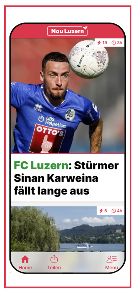 Nau Zentral - Nau Zentral app interface showing local news from Lucerne with a focus on FC Luzern football updates