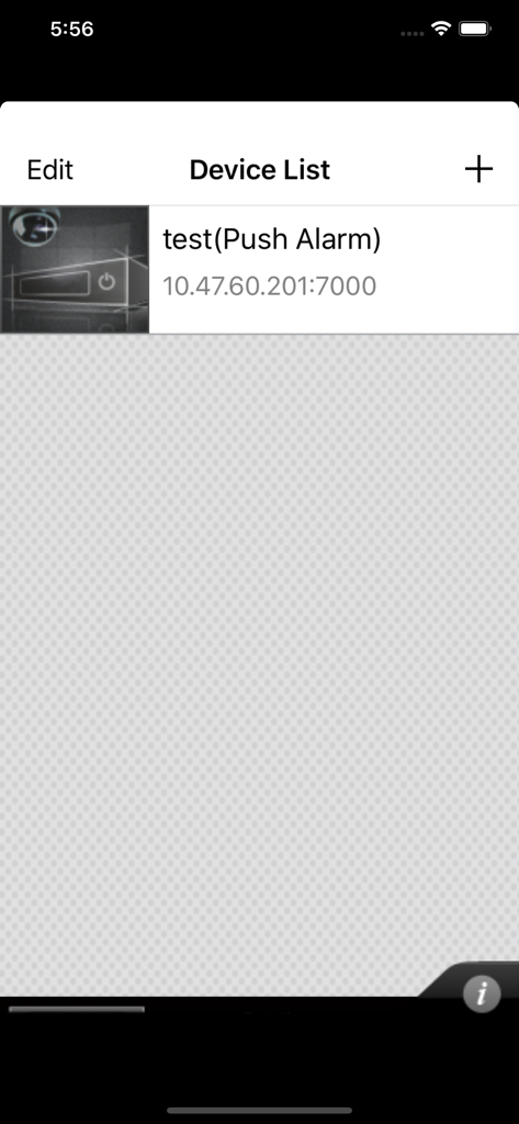 Mobile CMS Proデバイスリスト画面。プッシュアラームステータスとIPアドレスを持つセキュリティカメラデバイスが表示されます。