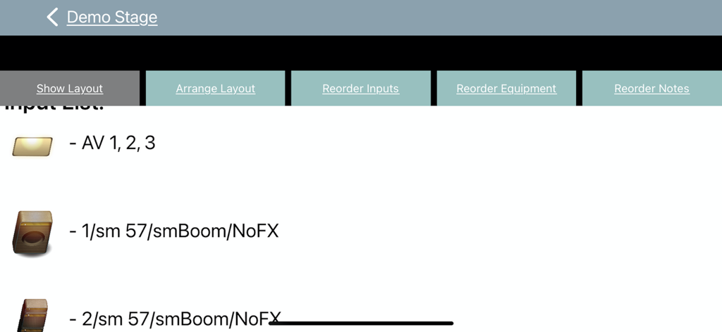 StagePlot Guru - Mobile app interface for StagePlot Guru displaying a technical input list with audio equipment icons and descriptions.