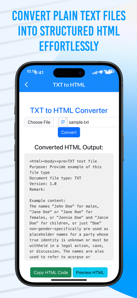 Écran d'iPhone montrant l'interface du convertisseur TXT en HTML avec le code converti affiché